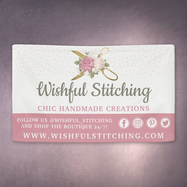 Banderoles Ciseaux à coudre d'or et Roses floraux chic Shabby (Créateur téléchargé)