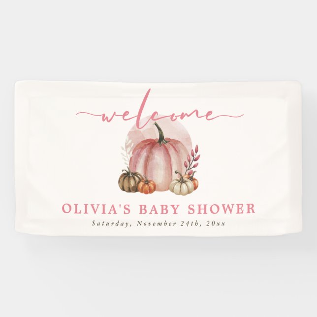 Banderoles Citrouille rose sur son chemin Fille Baby shower B (Horizontal)