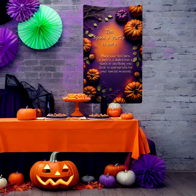 Banderoles Citrouilles d'Halloween (Halloween banner with pumpkins on purple and orange background ready to be customized.)