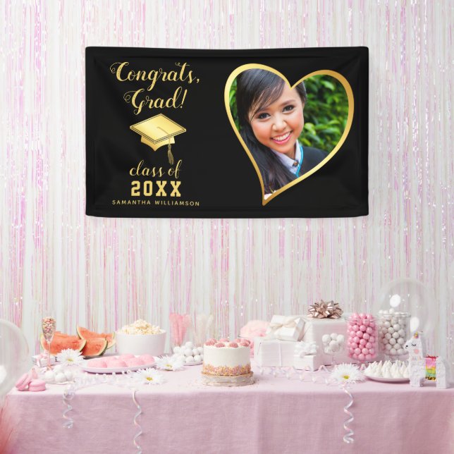 Banderoles Classe 2025 Grad Photo Black and Gold Graduation (Fête)