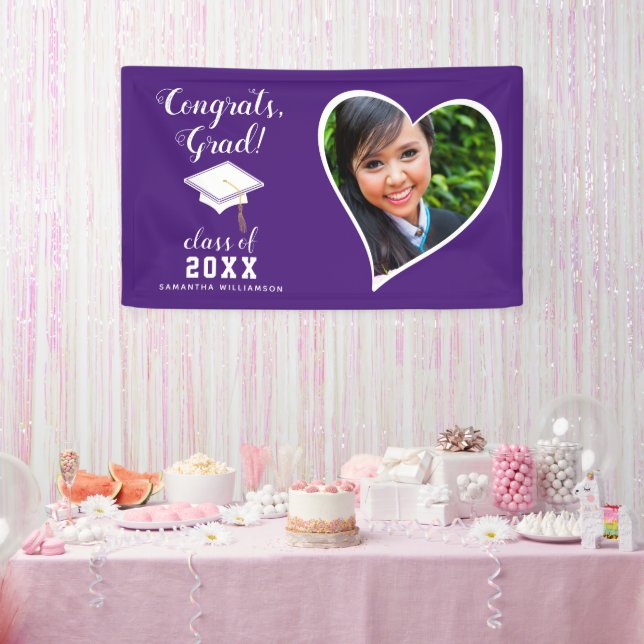 Banderoles Classe 2025 Grad Photo Purple White Graduation (Fête)
