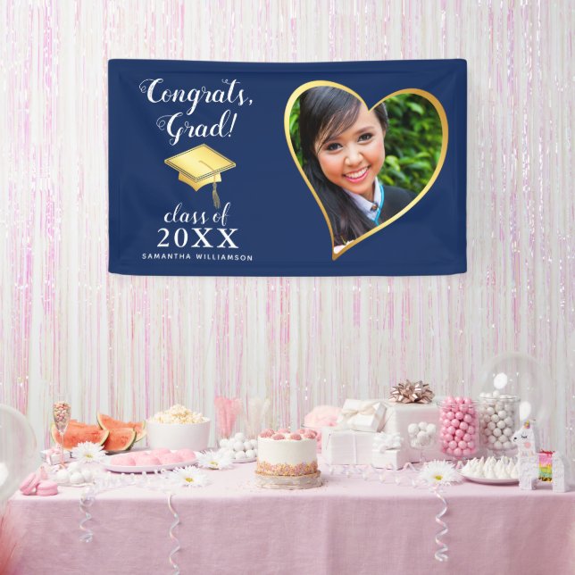 Banderoles Classe 2025 Photo Blue Gold White Graduation (Fête)