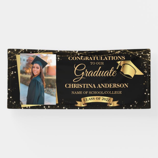 Banderoles Classe de 2024 Elegant Black Gold Graduation Photo (Horizontal)