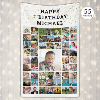 Banderoles Collage photo d'anniversaire 55 ans Confettis doré