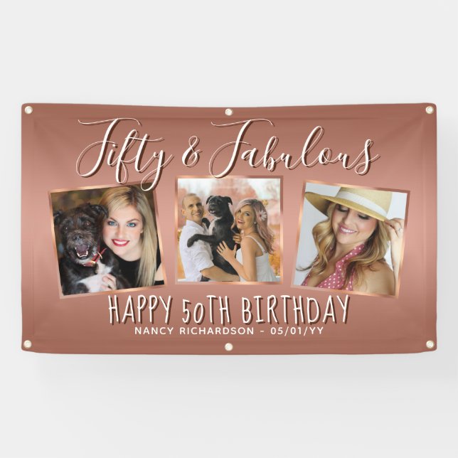 Banderoles Collage photo Rose moderne Gold 50e anniversaire (Horizontal)