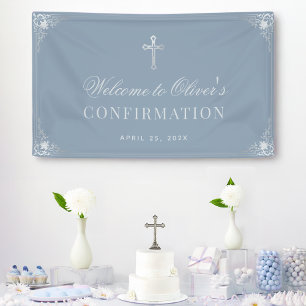 Banderoles Confirmation Garçon Dusty Blue Croix Vintage éléga