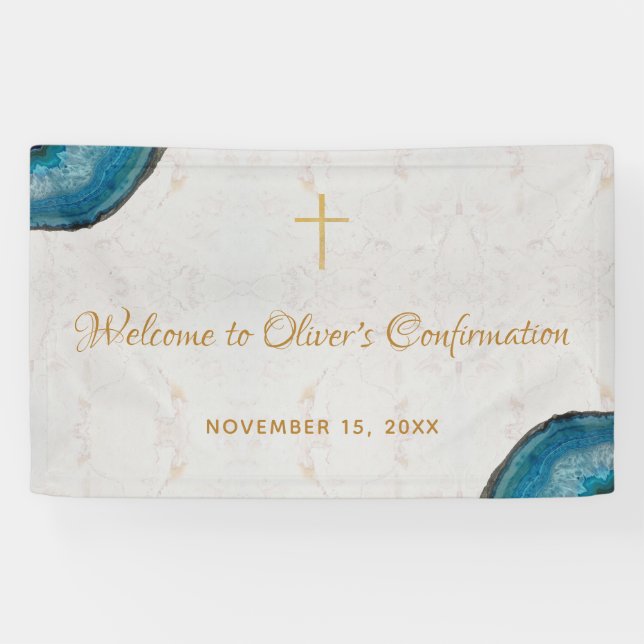 Banderoles Confirmation Garçon Marbre Script Géode Bleu Bienv (Horizontal)