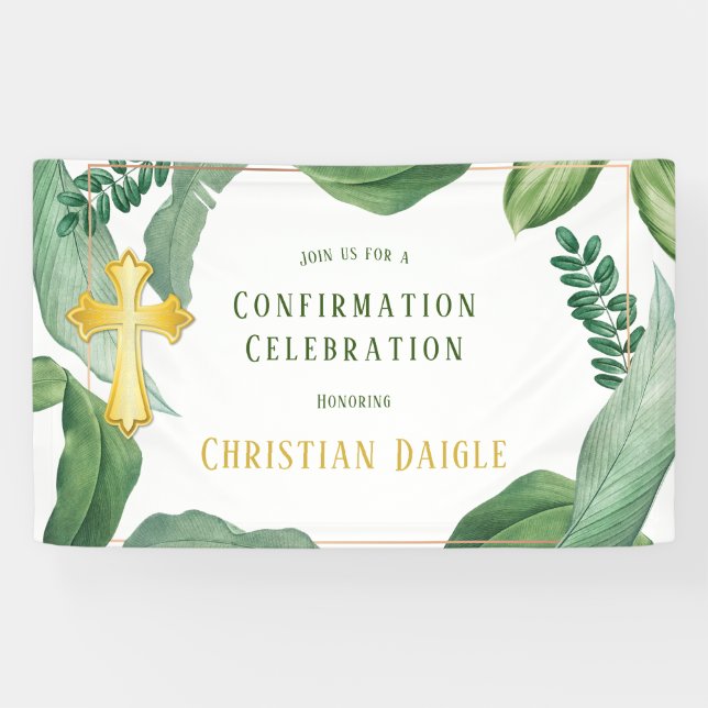 Banderoles Confirmation Trendy Green And Gold Cross (Horizontal)