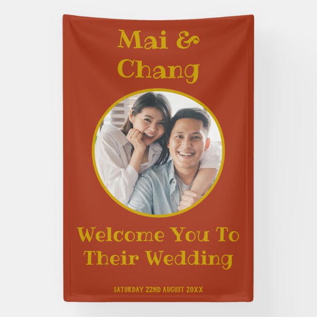 Banderoles Couple Rouge Et Or Nom Et Mariage Photo Bienvenue (Verticale)