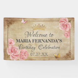 Banderoles Couronne de papillon rose blush or Quinceanera