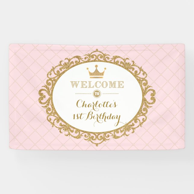 Banderoles Couronne princesse fête d'anniversaire rose Accuei (Horizontal)