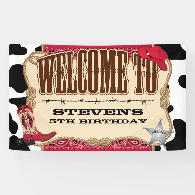 Banderoles Cowboy, anniversaire rouge, accueil (Horizontal)