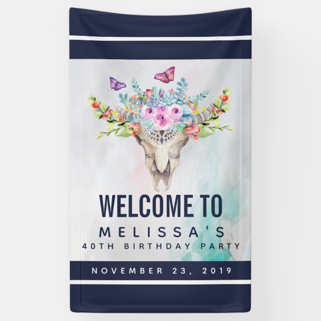 Banderoles Crâne Boho avec papillons et fleurs Anniversaire (Vertical)