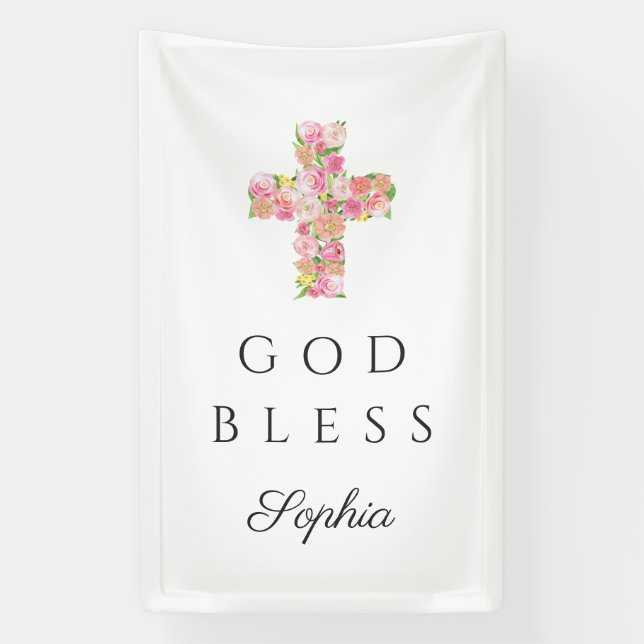 Banderoles Croix Florale rose Dieu religieux béni (Verticale)