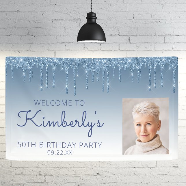 Banderoles Custom Photo Blue Glitter Drip 50th Birthday (Créateur téléchargé)