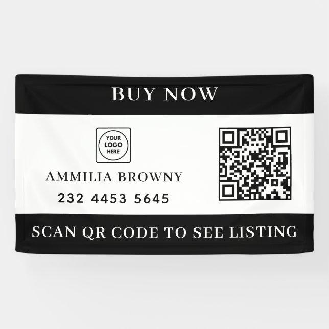 Banderoles Custom Real Estate QR | For Sale Black White  (Horizontal)