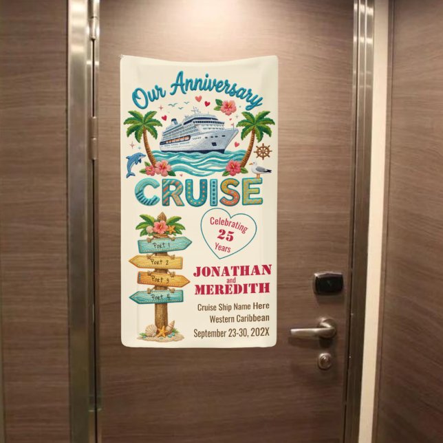 Banderoles Customized Anniversary Cruise Door (Customize this cute anniversary cruise banner featuring four cruise ports)
