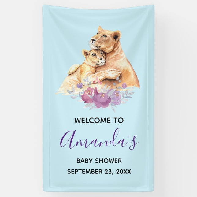 Banderoles Cute Aquarelle Mère Lion & Baby shower Cub (Vertical)