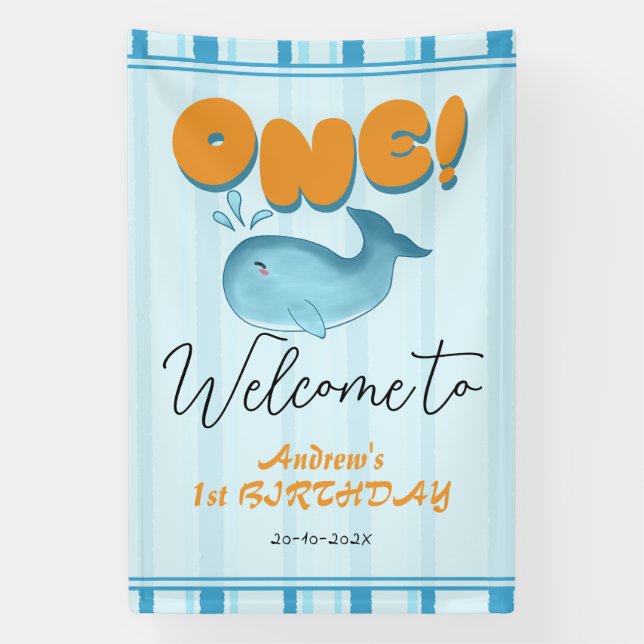 Banderoles Cute Baby Blue Whale 1st Birthday Welcome (Verticale)