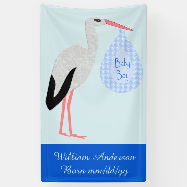 Banderoles Cute Blue Baby Boy Stork Faire-part de naissance (Vertical)