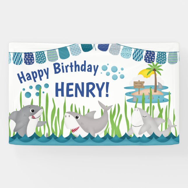 Banderoles Cute Blue Turquoise requin Océan Enfant Anniversai (Horizontal)