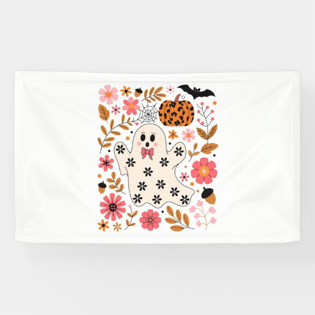 Banderoles Cute Fantôme et Citrouille Floral Éffrayant (Horizontal)