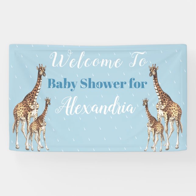 Banderoles Cute Giraffes Baby shower bleu garçon Aquarelle (Horizontal)