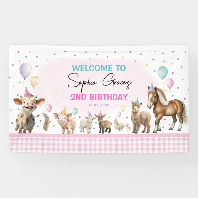 Banderoles Cute Girl Farm Animaux Ballons fête d'anniversaire (Horizontal)