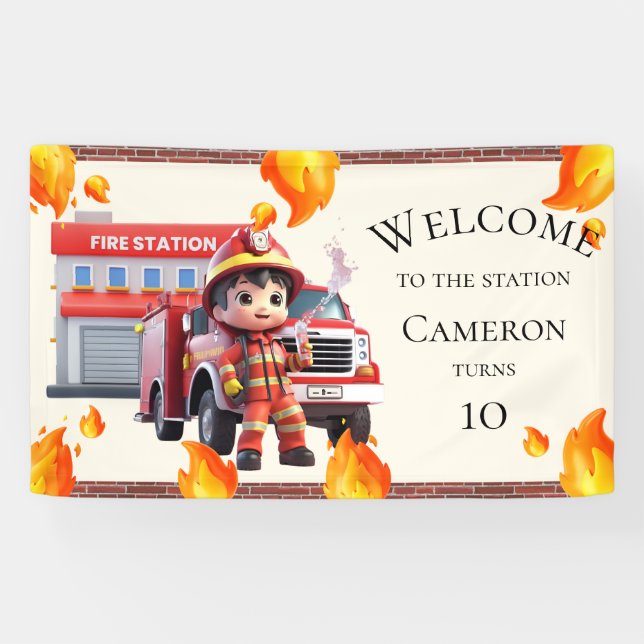 Banderoles Cute Kawaii Boy Firefighter Fire Truck Party (Horizontal)