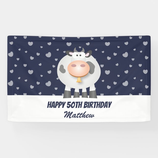 Banderoles Cute Kawaii Drôle Cartoon Cow Joyeux 50e anniversa (Horizontal)