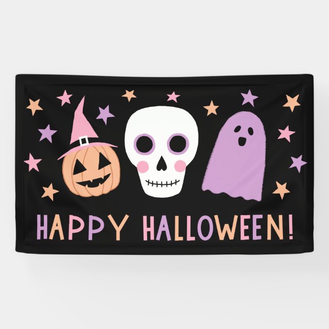 Banderoles Cute Modern Pastel Crâne Ghost Happy Halloween (Horizontal)