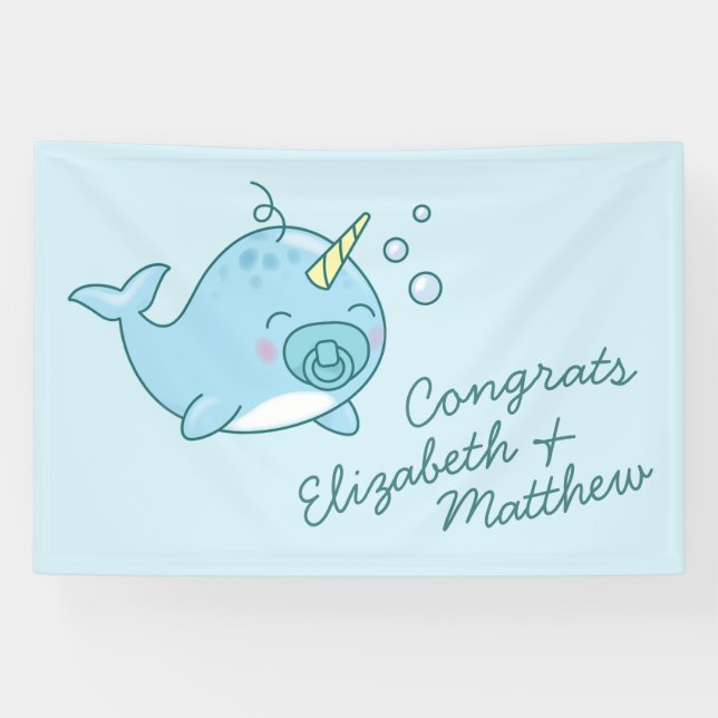 Banderoles Cute Narwhal Baby shower Kawaii Blue Boy (Horizontal)