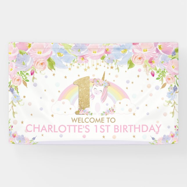 Banderoles Cute Rainbow Unicorn 1er Anniversaire Accueil (Horizontal)