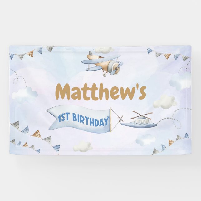 Banderoles Cute Retro Blue Avion 1er anniversaire (Horizontal)