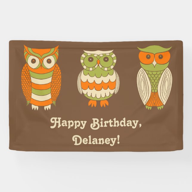 Banderoles Cute Retro Owls Brown Personnalisé (Horizontal)