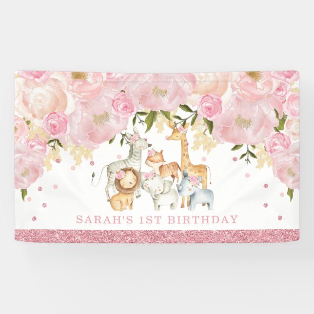 Banderoles Cute Safari Baby Animals Rose Gold Blush Floral (Horizontal)