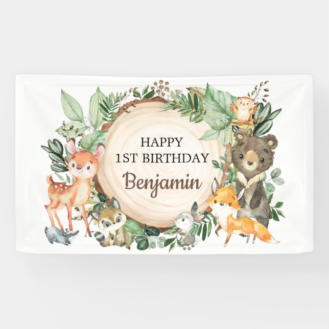 Banderoles Cute Woodland Animaux Verdure rustique 1er anniver (Horizontal)
