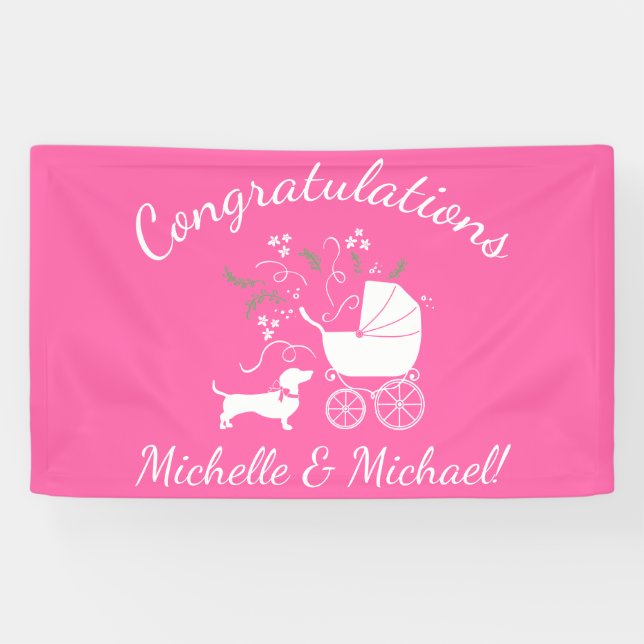 Banderoles Dachshund Wiener Chien Baby shower fille rose (Horizontal)