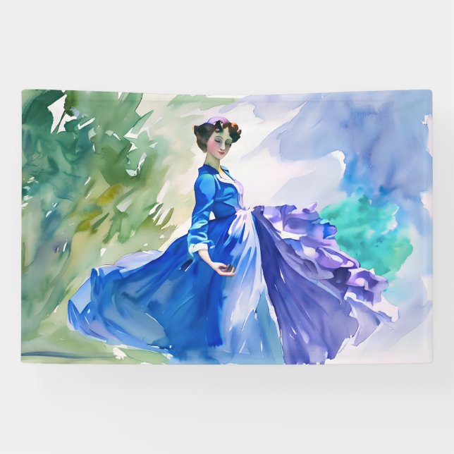 Banderoles Dame en Robe Bleue - Peinture aquarelle (Horizontal)