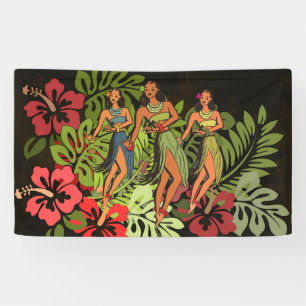 Banderoles Danseuses Hula Vintage d'Hawaï Palmier Tiki Rétro