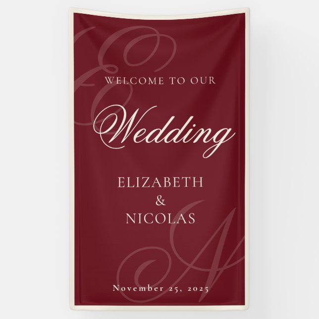 Banderoles Deep Burgundy Monogram Calligraphy Wedding Welcome (Vertical)