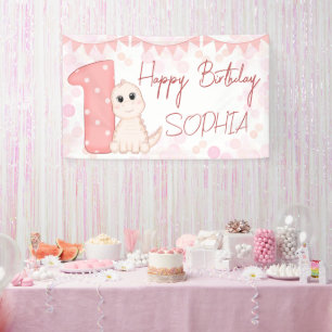 Banderoles Dinosaure rose 1er anniversaire fête personnalisée