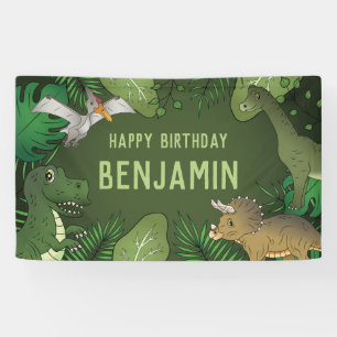Banderoles Dinosaures sur fond vert Joyeux anniversaire enfan