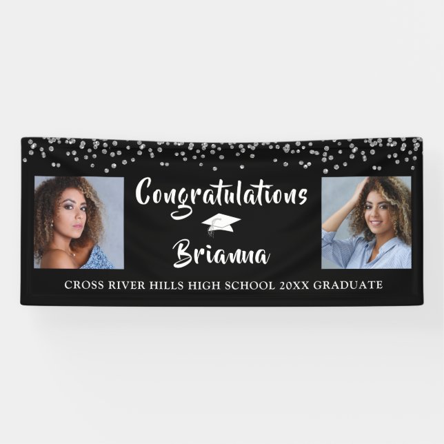 Banderoles Diplôme Argent Confetti Script Photo Noir (Horizontal)