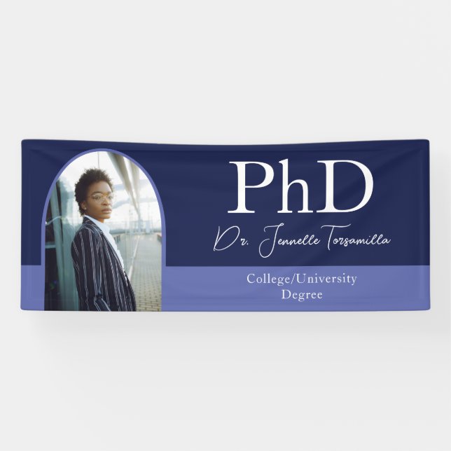 Banderoles Diplômé Bleu Arc Script Photo PhD Graduation (Horizontal)
