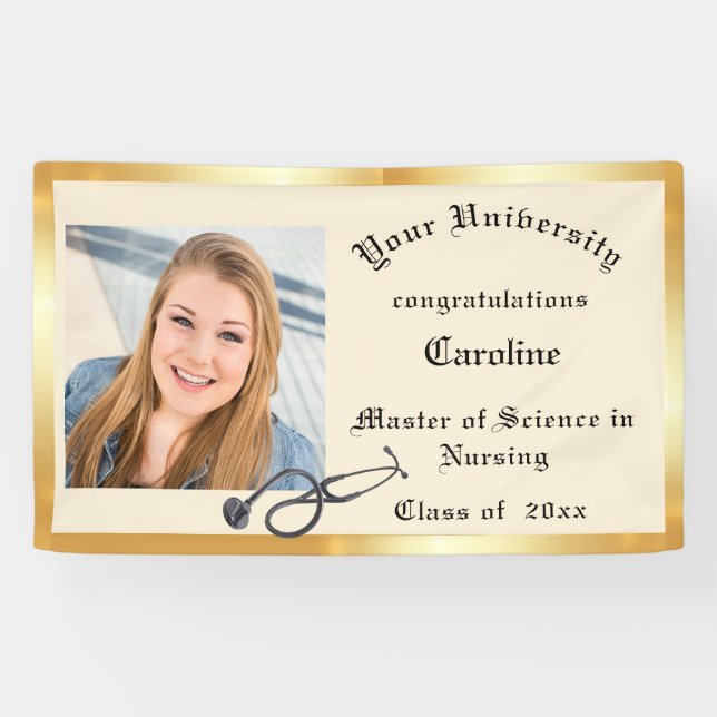 Banderoles Diplôme, Infirmière, Feuille d'Or, Photo Personnal (Horizontal)