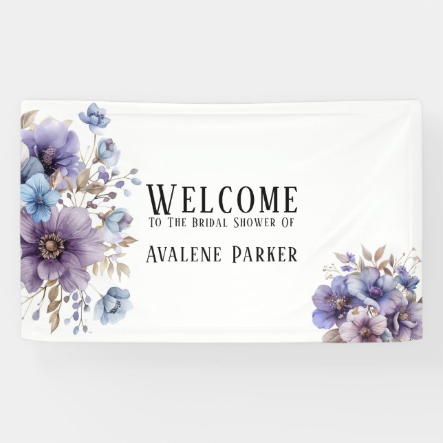 Banderoles Douce Mariée Fleurie Aquarelle Violette et Bleue (Horizontal)