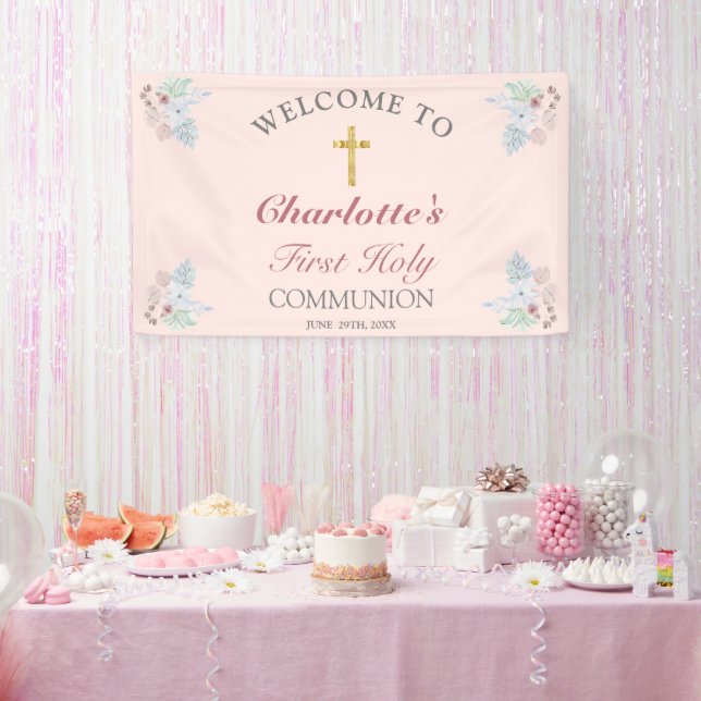 Banderoles Douce rose Floral Première Communion Sainte Bienve (Fête)