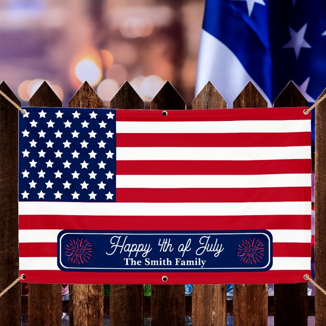 Banderoles Drapeau américain patriotique Joyeux 4 juillet Nom (Red, White and Blue Patriotic U.S. Flag "Happy 4th of July" Family Name 3' x 5' Outdoor Banner )