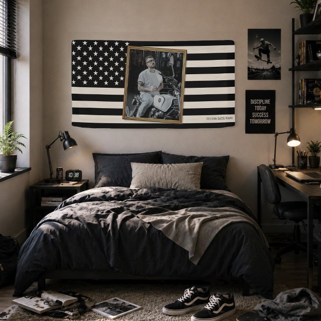 Banderoles Drapeau américain personnalisé avec votre photo, d (Custom American Flag with Your Photo, USA Black Flag Dorm Decor Banner)